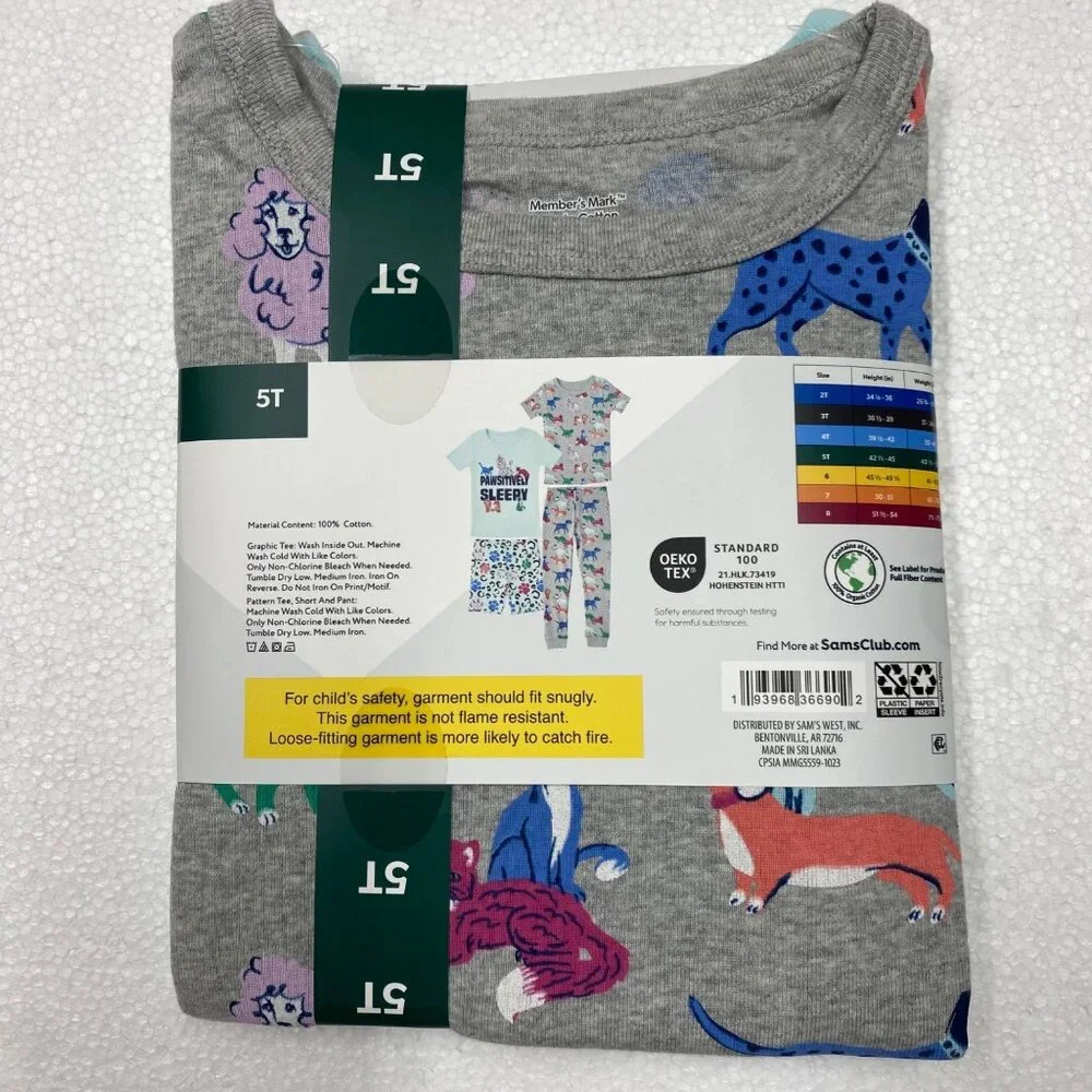 Members Mark 4-Piece Organic Cotton‎ Pajamas Set Kids 5T NWT